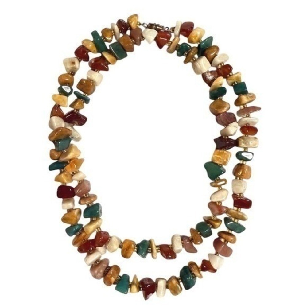 Natural Stone Chip Necklace Women 28" Multicolor Boho Earthy Jewelry